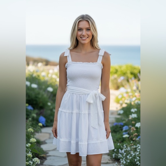 TASH + SOPHIE White Smocked Tiered Mini Dress Size M Adjustable Straps - Picture 1 of 9